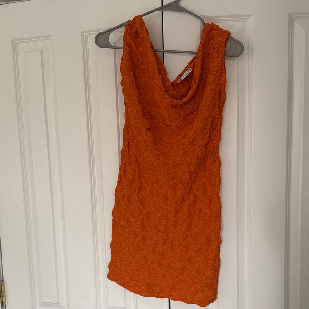 Zara Orange Textured Cowl Neck Dress